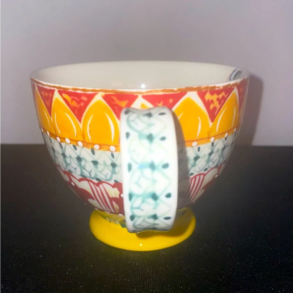 Bohemian 12 oz Coffee Tea Cup Footed BOHO Yellow Green White Blue NWOT MINT